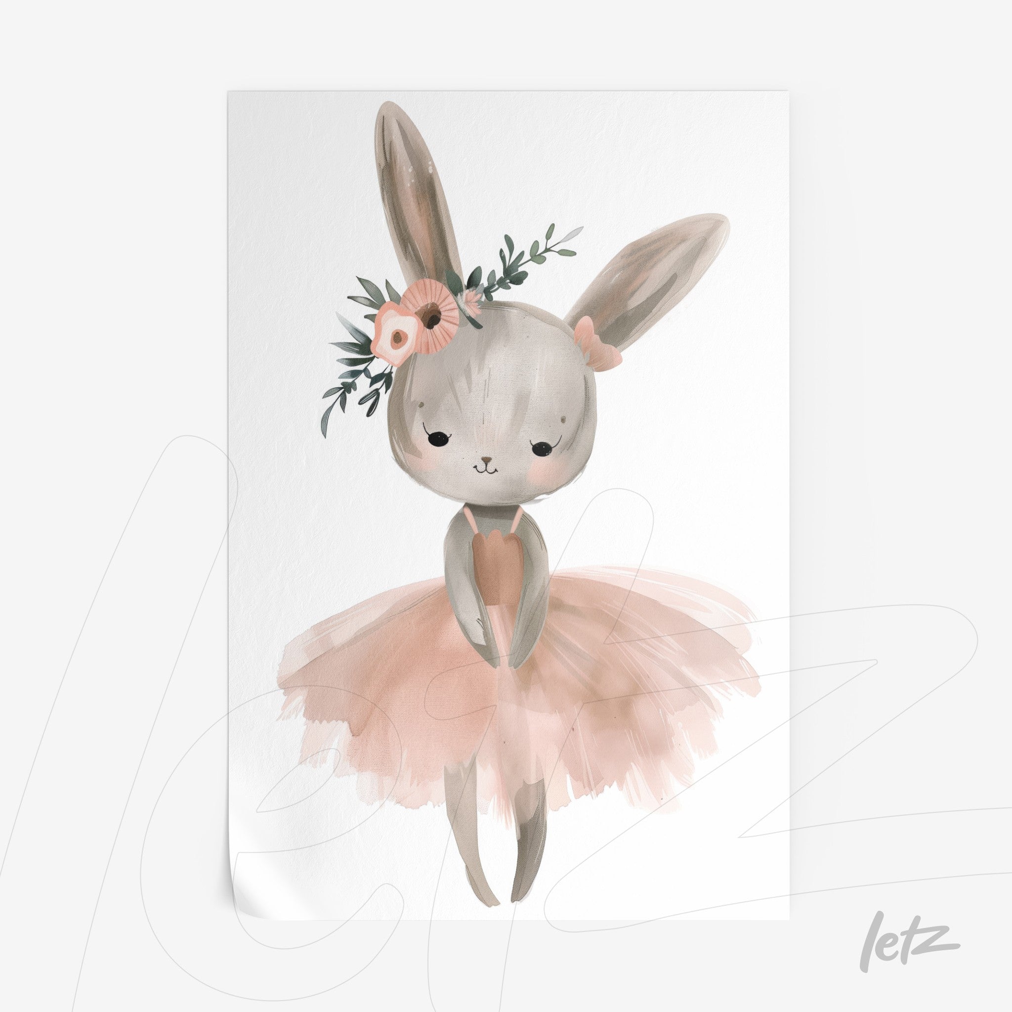 delicate art of a bunny in a pink tutu with floral headband