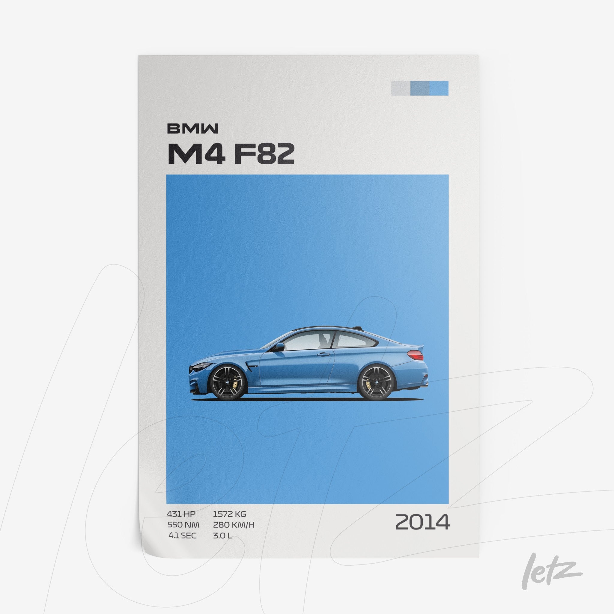 framed art featuring a BMW M4 F82 illustration on light blue background