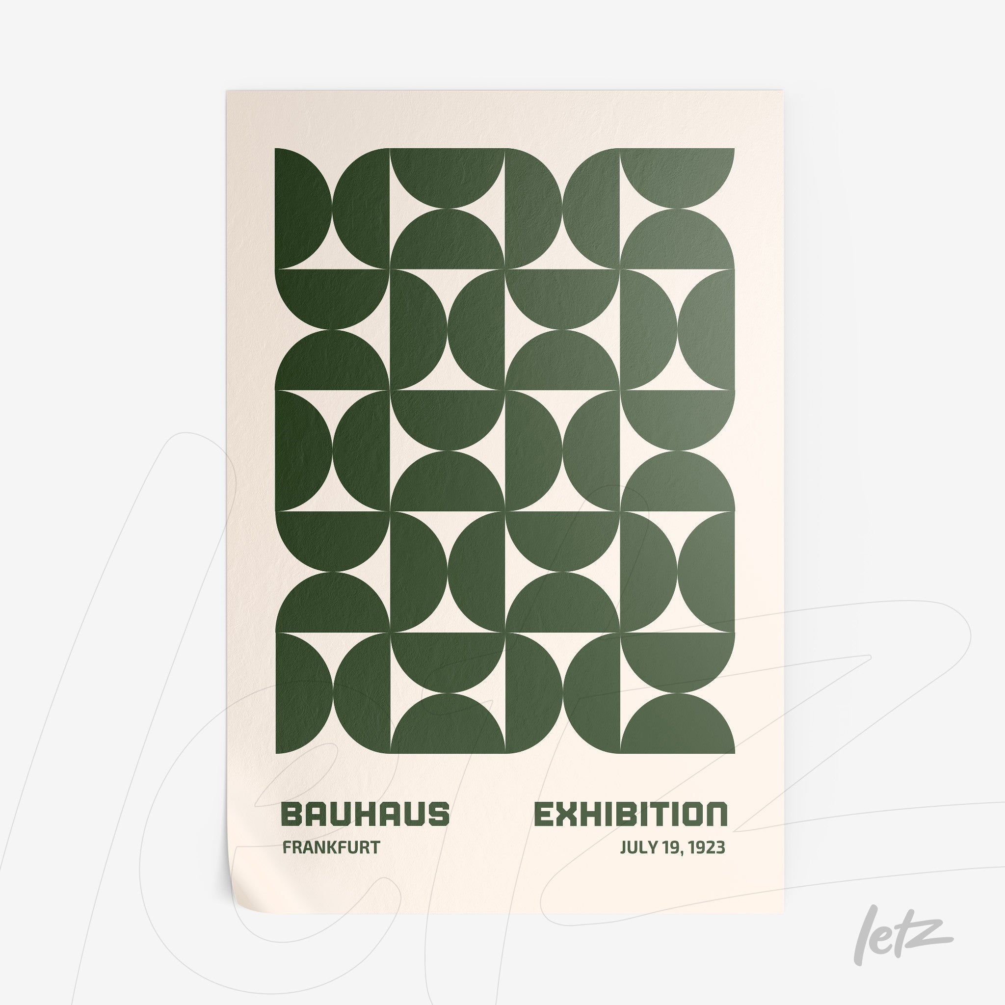 poster print featuring dark green geometric art and text of the 1923 Bauhaus exhibition
