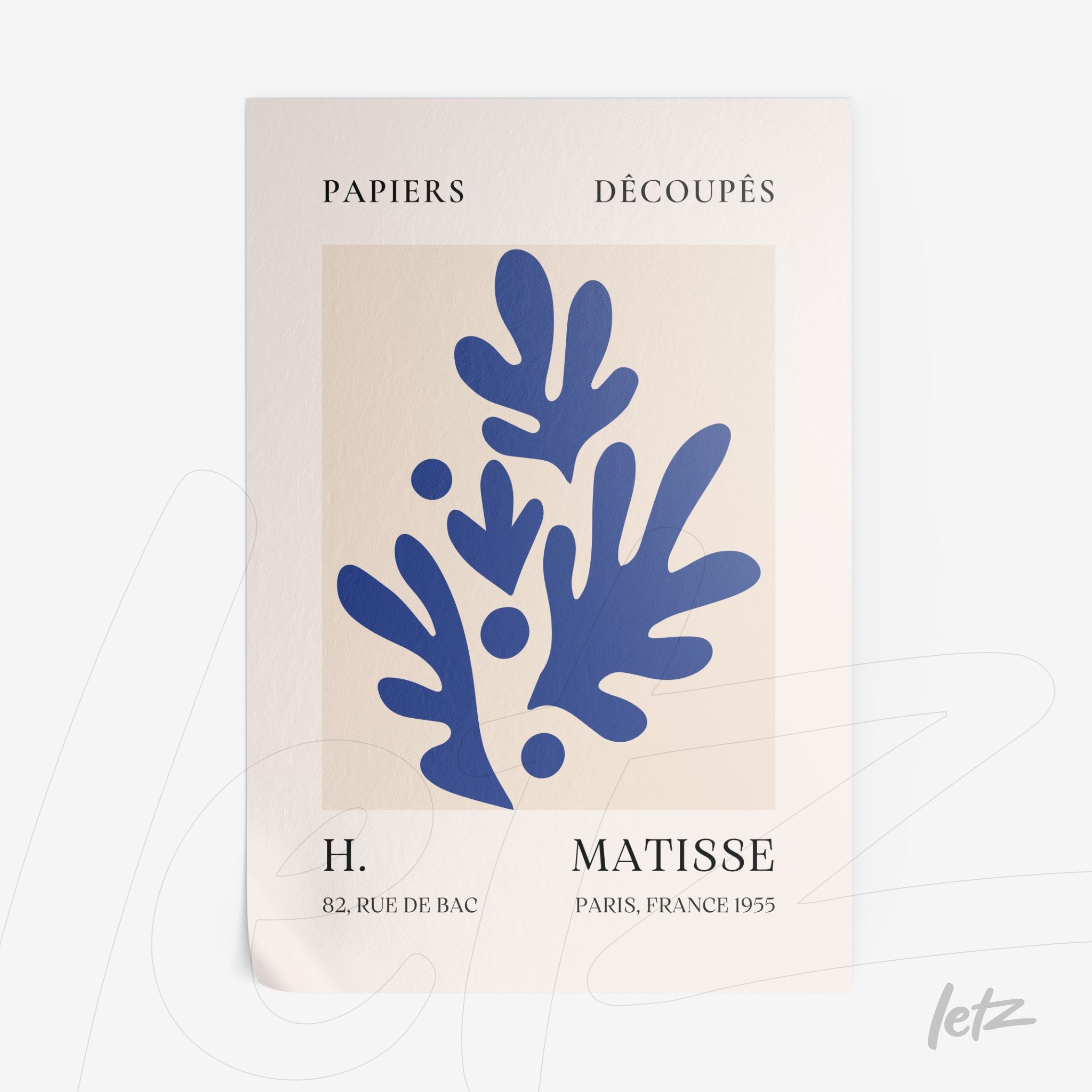 framed artwork featuring abstract shapes in blue on a neutral background, complemented by vintage style text and a white frame