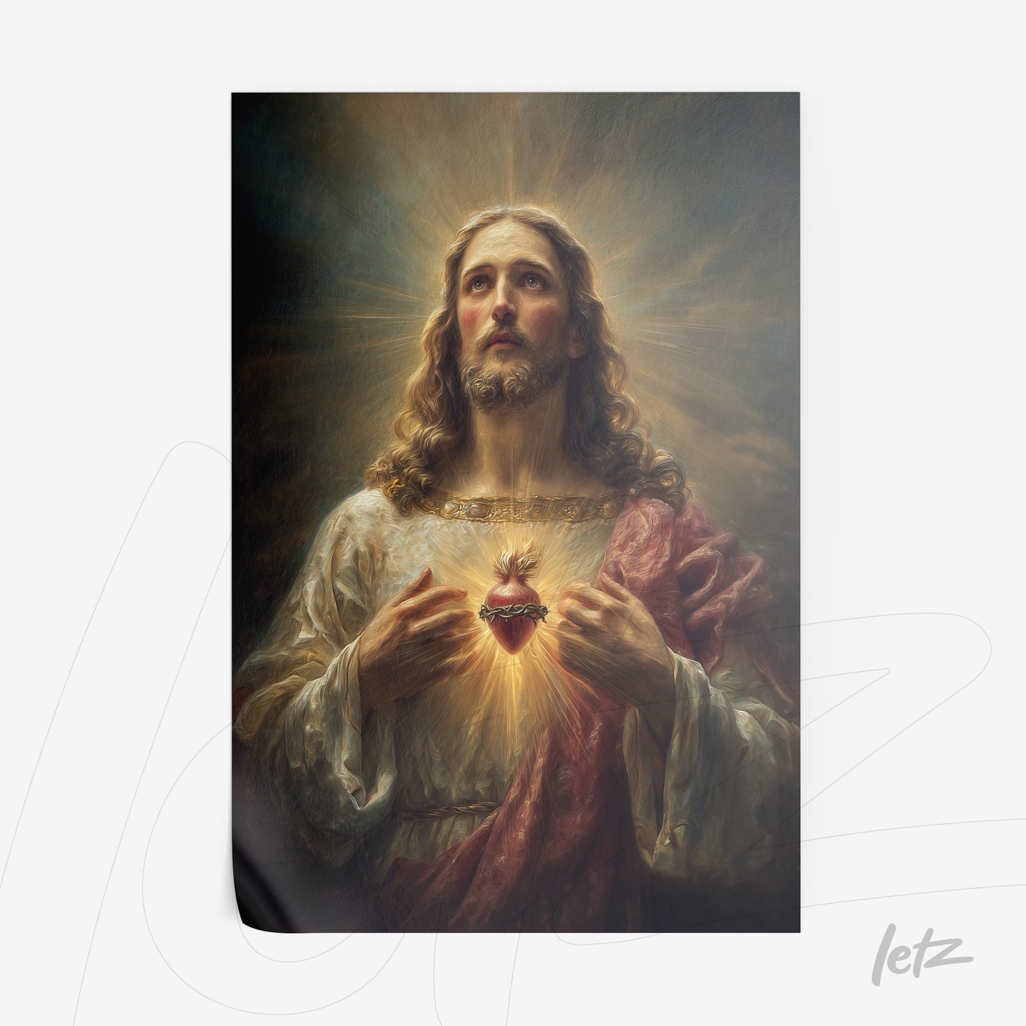 classic depiction of jesus christ with a contemplative expression holding an illuminated heart wearing white and red garments