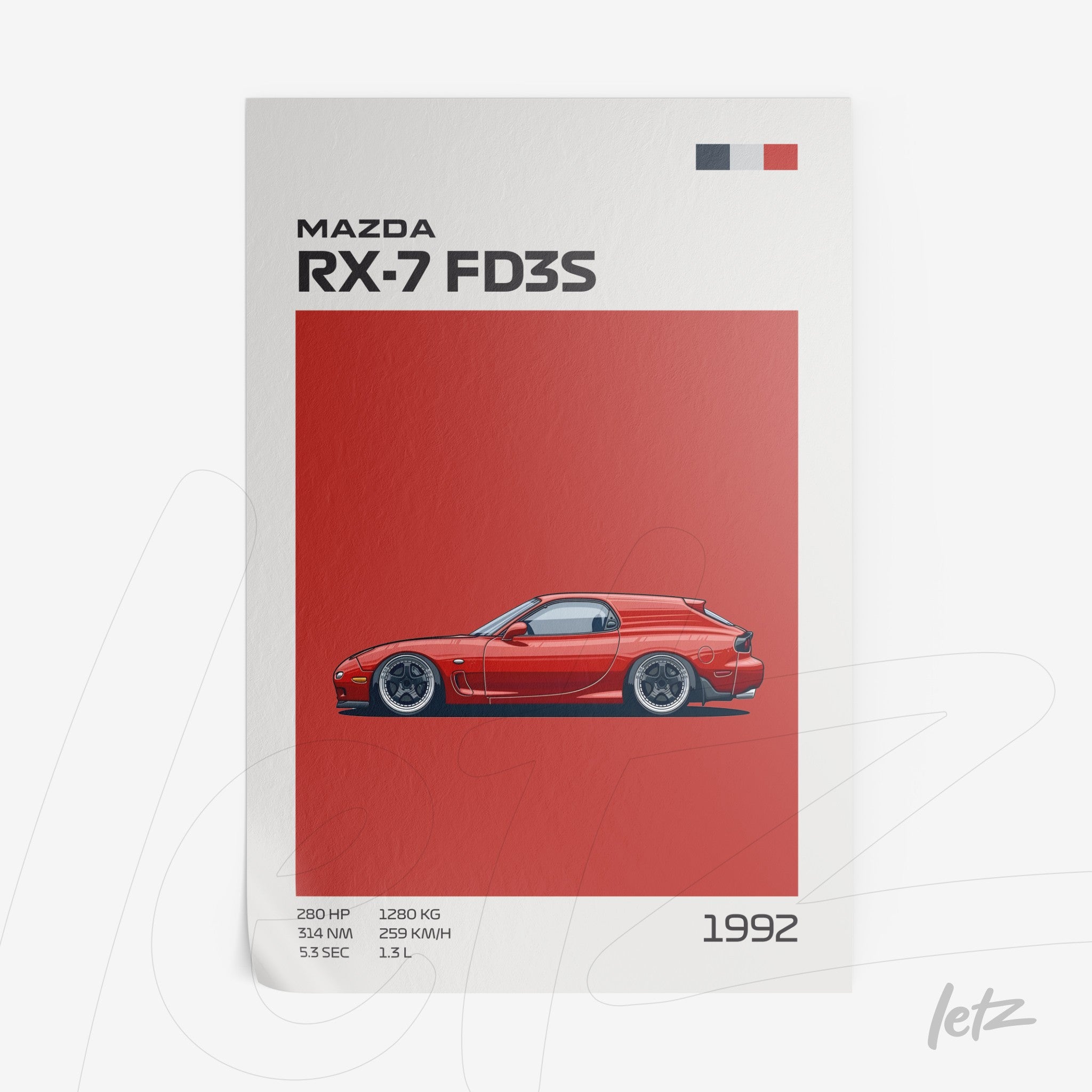 digital artwork of a 1992 Mazda RX-7 FD3S on a red background, featuring technical details