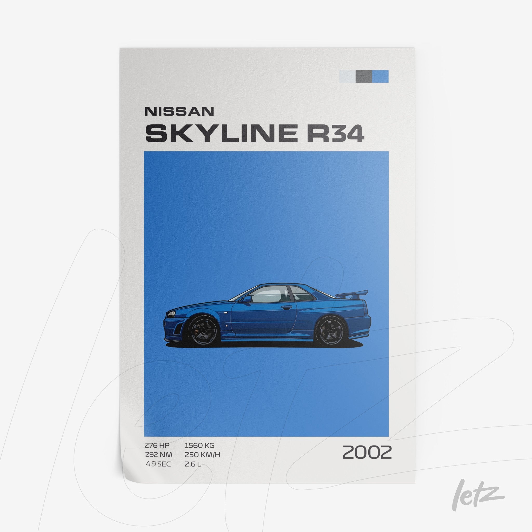 framed digital artwork of the Nissan Skyline R34 on blue background featuring technical details and release year