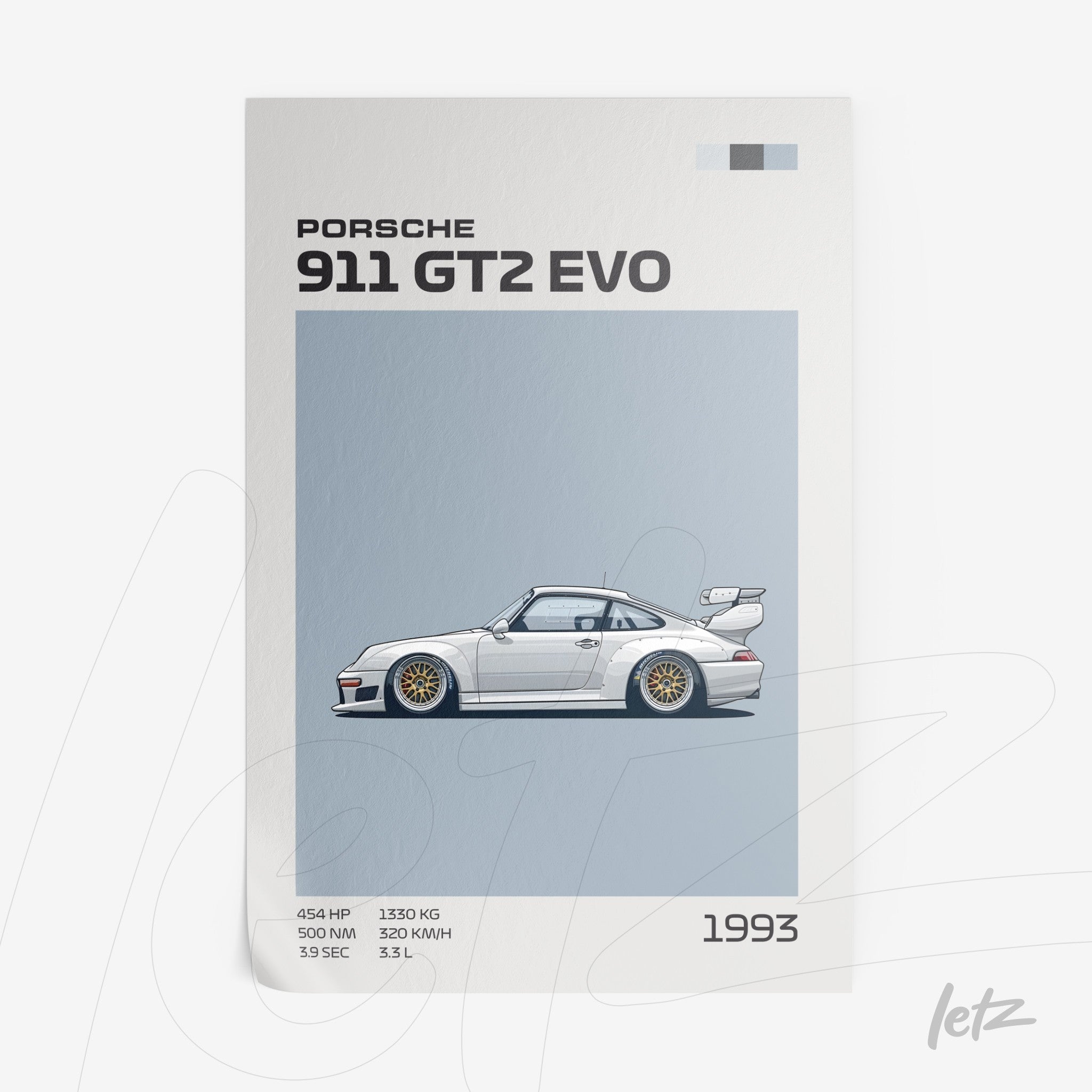 illustration of Porsche 911 GT2 EVO sports car from 1993 on light blue background