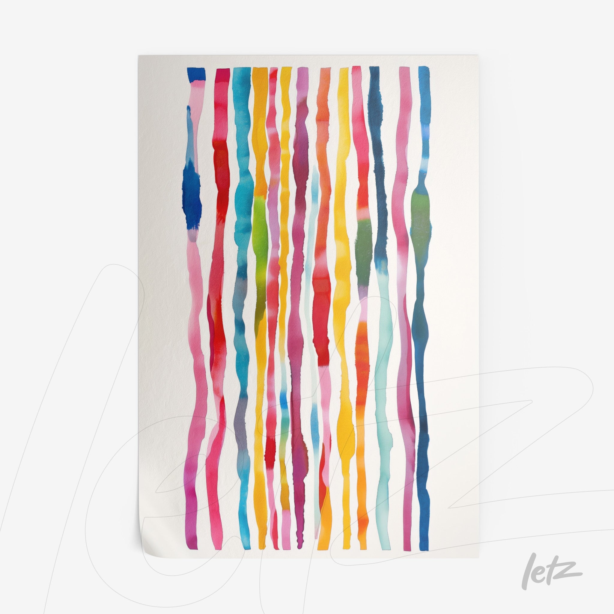 abstract wall art featuring colorful stripes in various shades on a white background