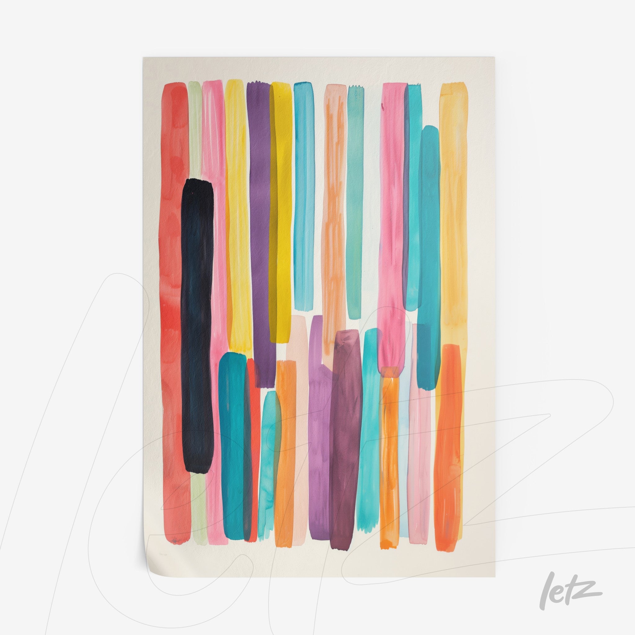 abstract artwork with colorful brush strokes in vertical stripes on light background