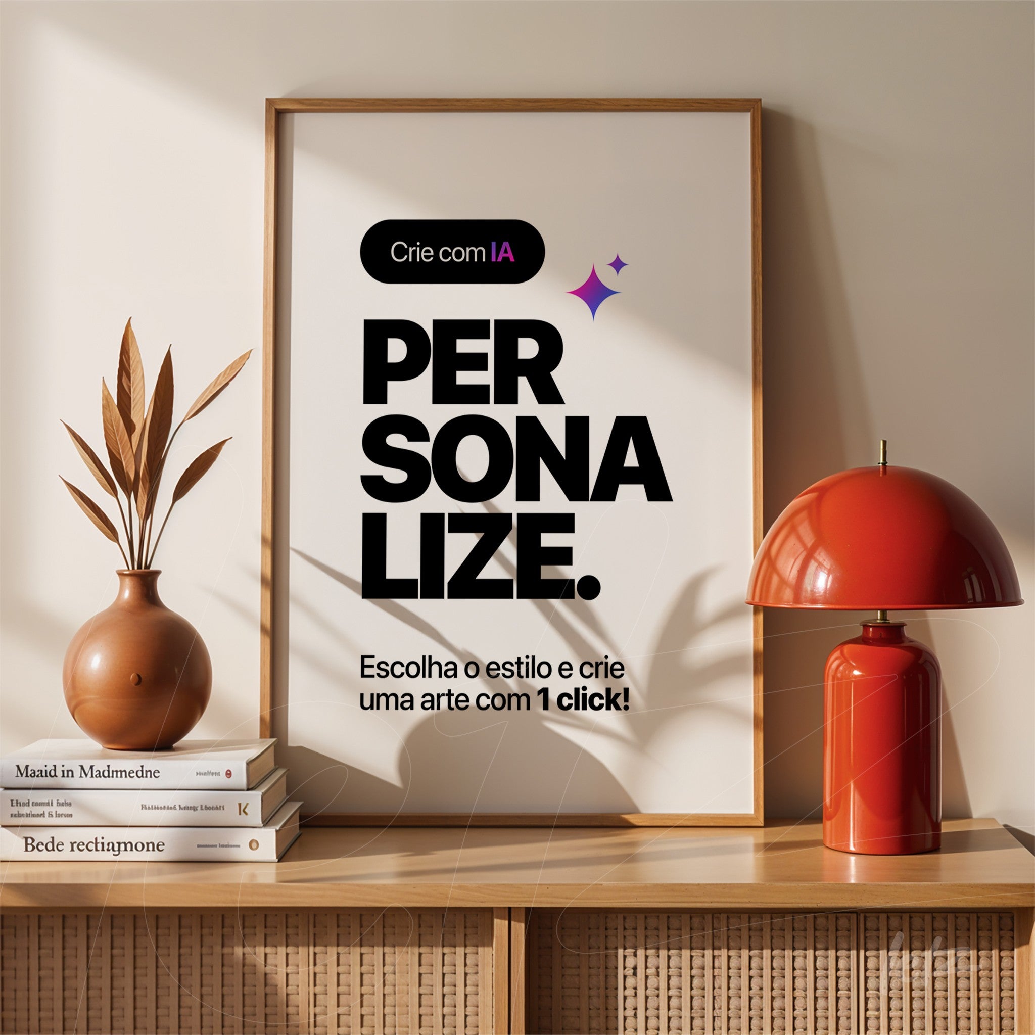 modern wall art featuring bold typography in a light frame placed on a wooden table with decorative elements