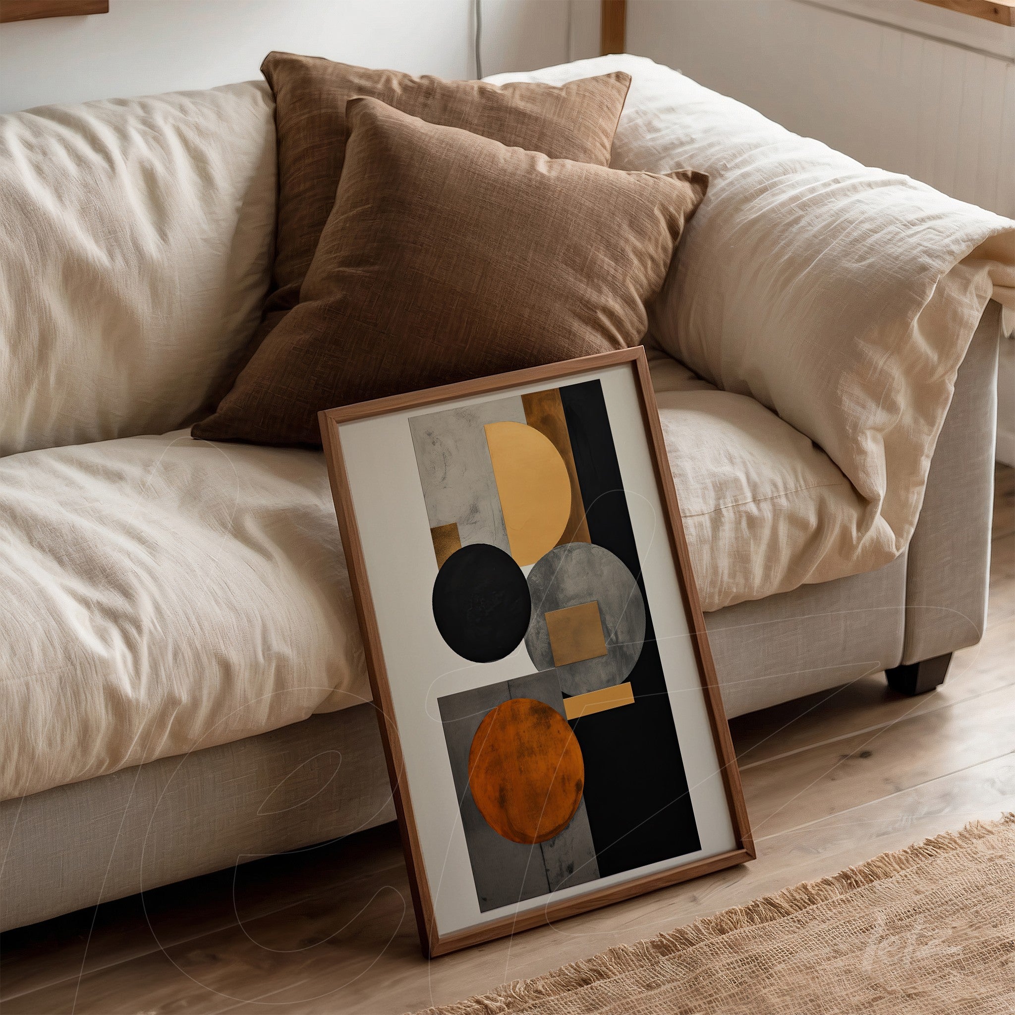 framed abstract wall art in natural wood showcasing geometric shapes in orange, black, and gray, leaning against a light sofa with brown pillows