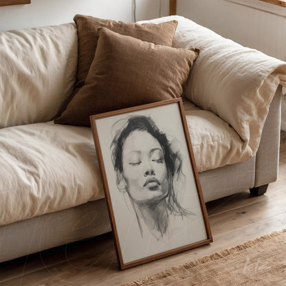framed black and white illustration of a female face with a light wood frame leaning next to cushions on a beige sofa