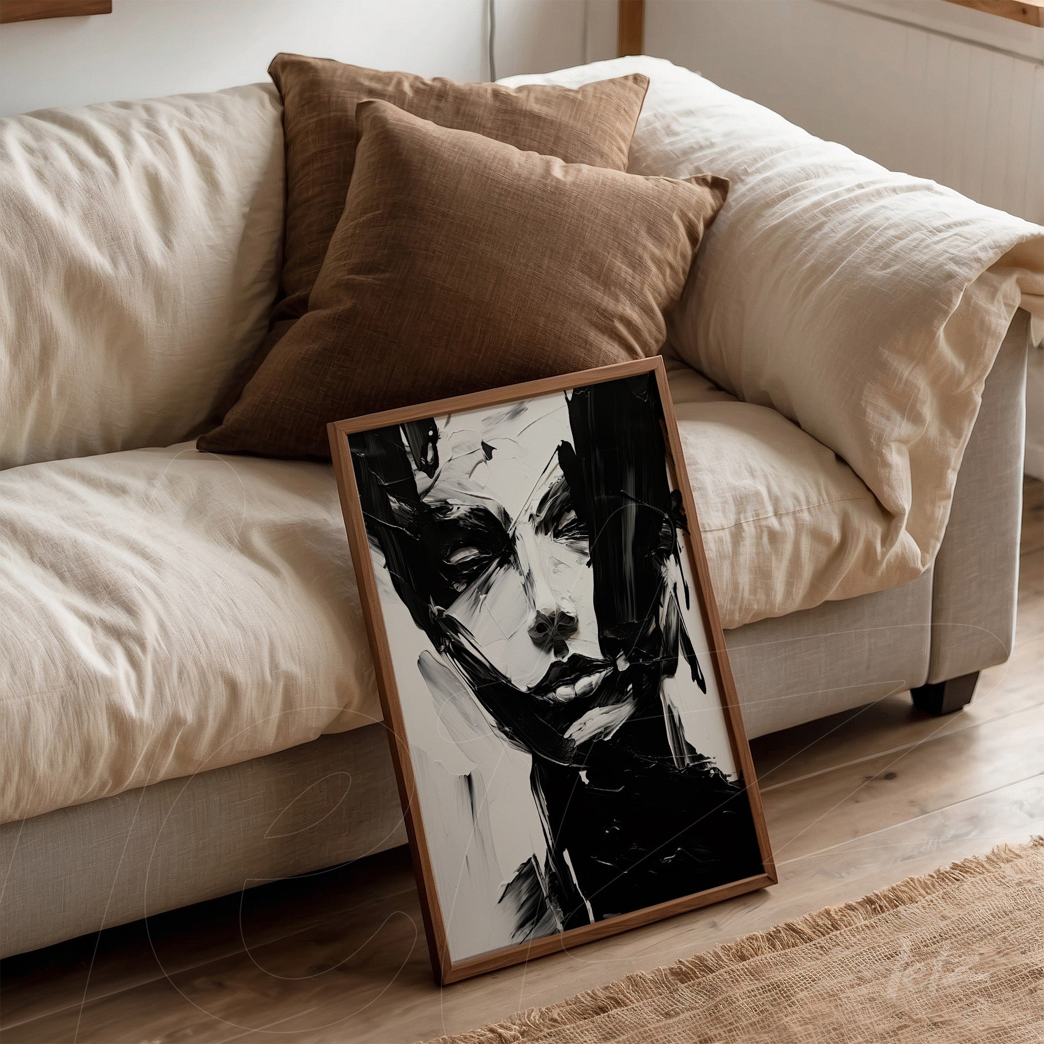 abstract portrait wall art in light wood frame leaning against a sofa