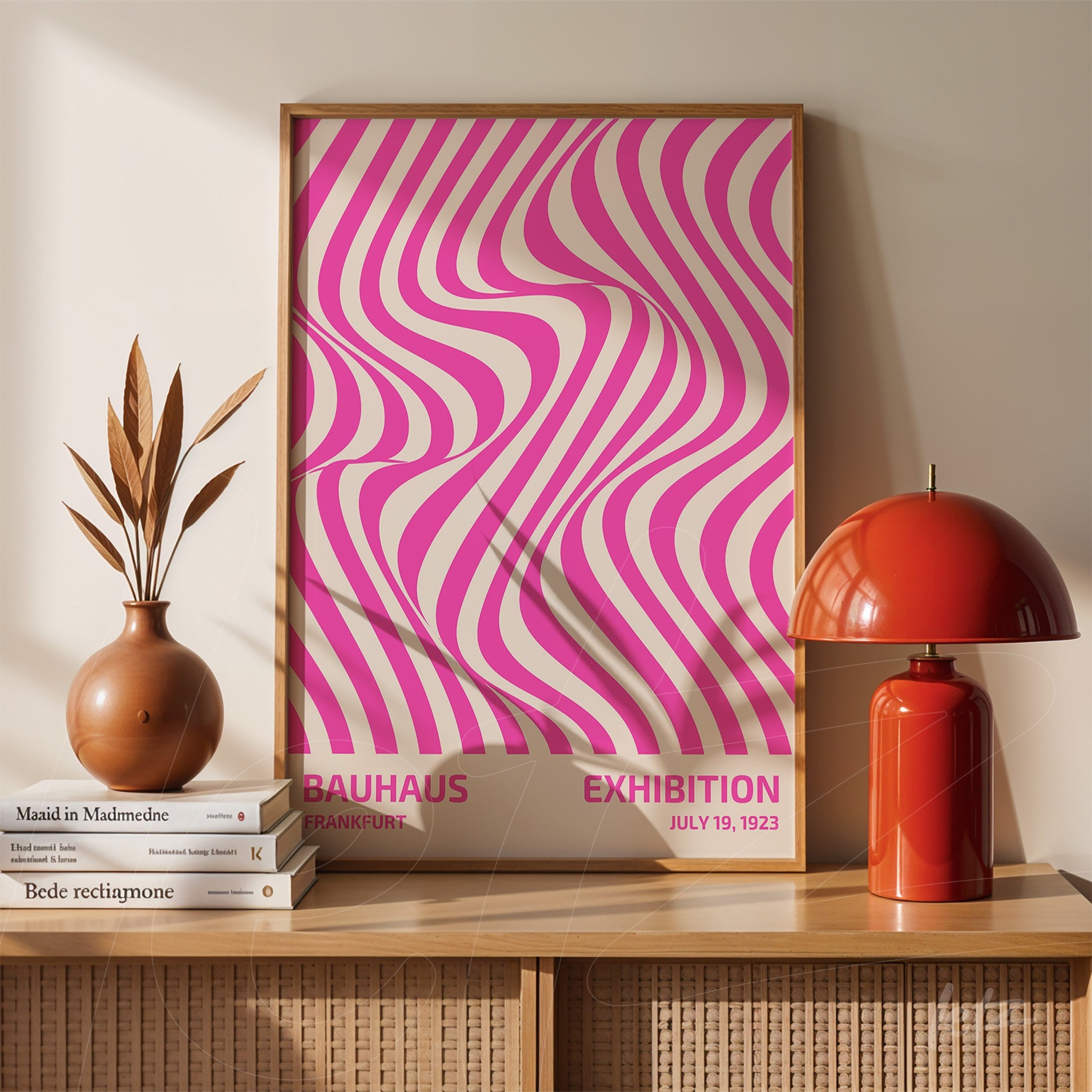 poster with pink and white geometric bauhaus style design in light wood frame on furniture