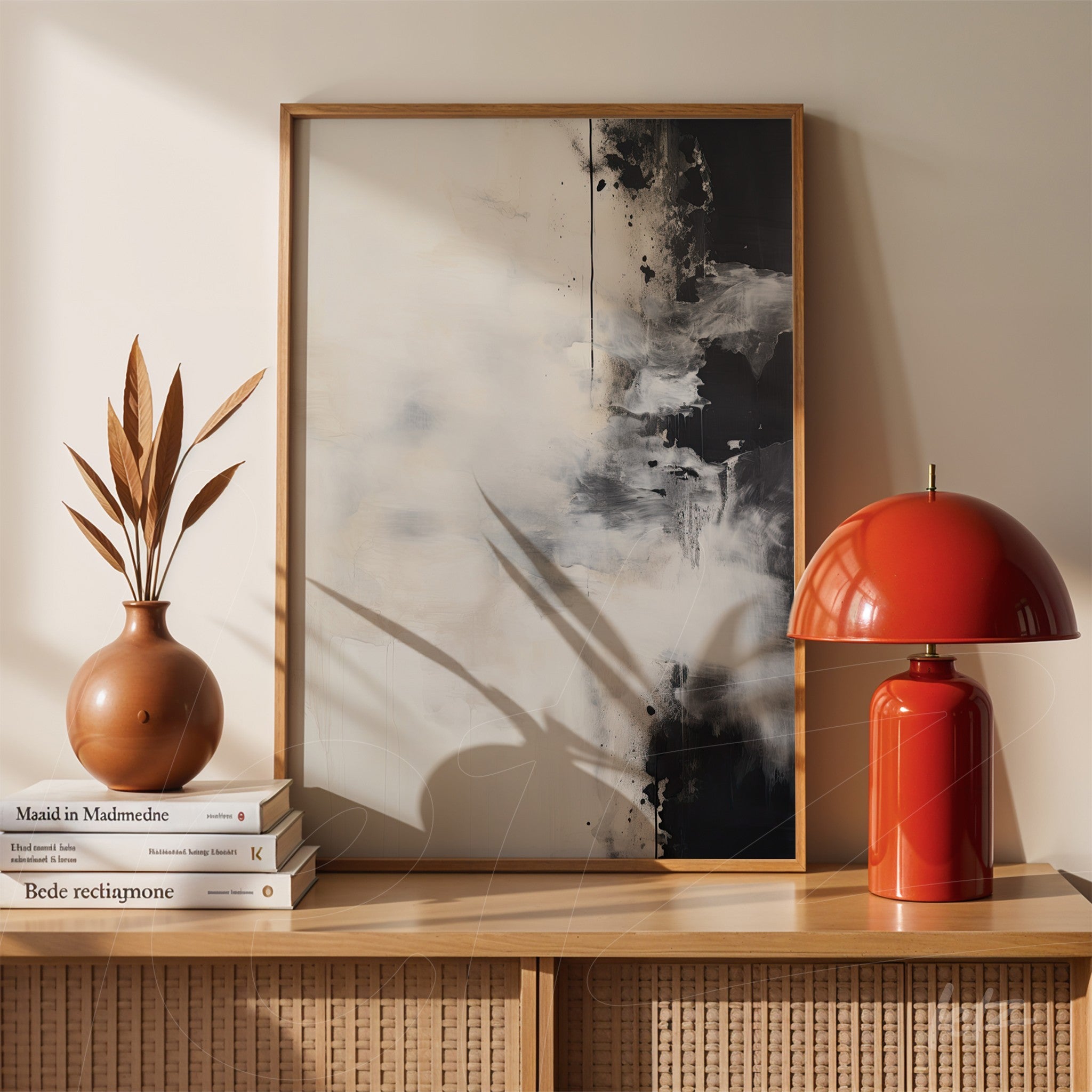 abstract wall art in shades of black, white, and gray framed in light wood, displayed on a table next to a vase and lamp