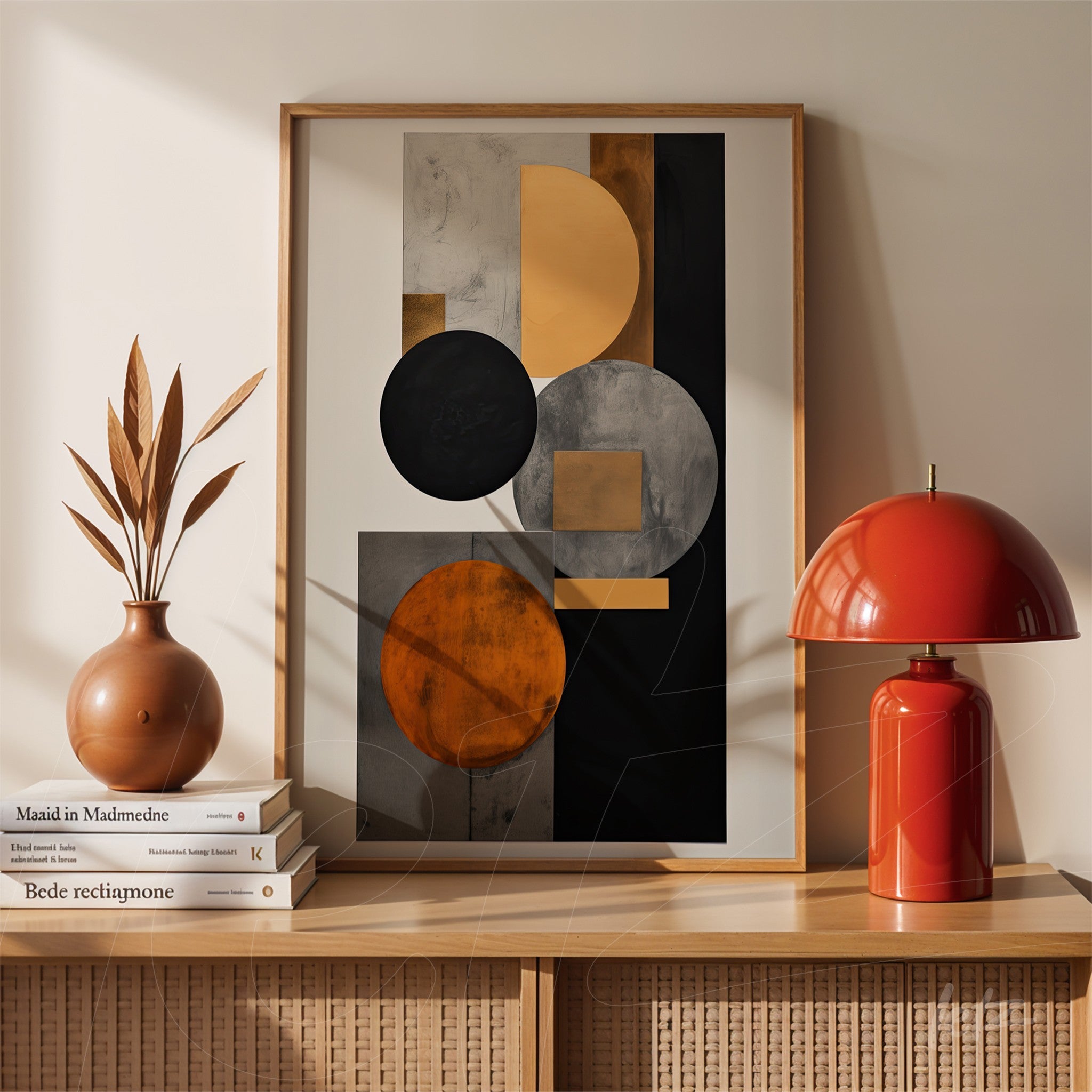 framed abstract wall art in shades of orange, black, and gray with geometric shapes on dark background