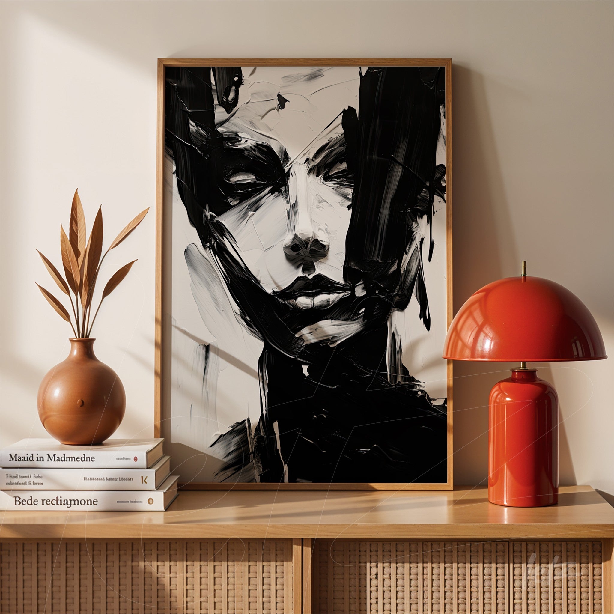framed wall art in light wood featuring abstract black and white portrait of a female face with expressive brush strokes on textured background