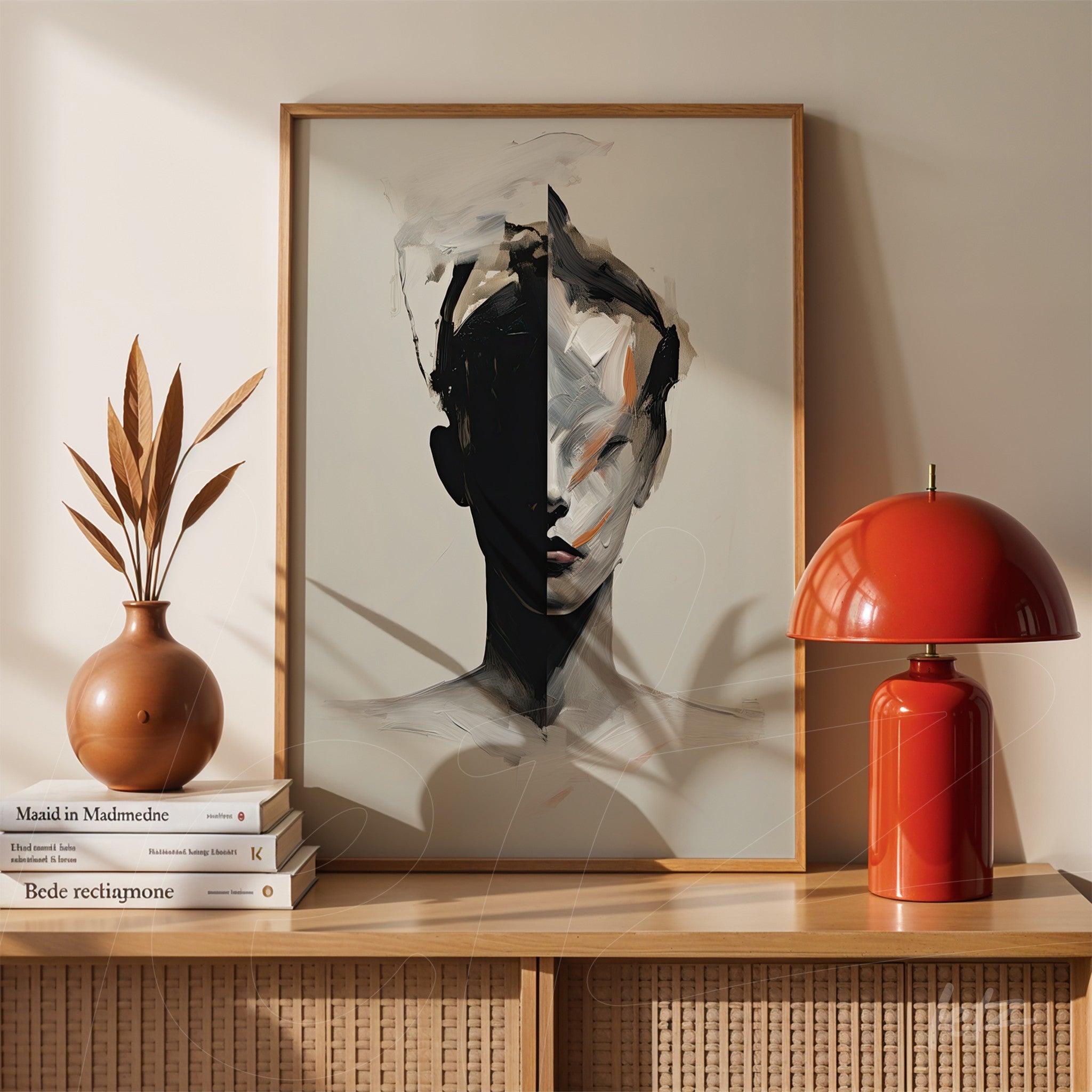 abstract art frame featuring a human face in light wood frame displayed next to a vase with dried leaves and a red lamp on a wooden table