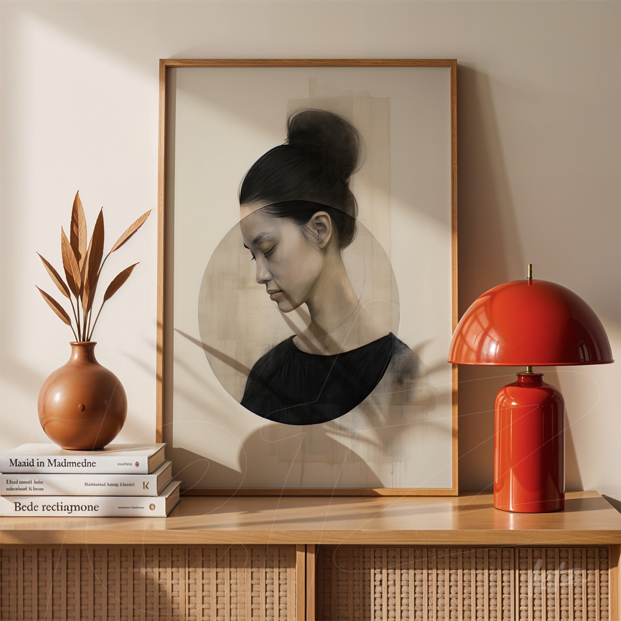 framed artwork featuring a female profile portrait next to a dried leaf arrangement and a red lamp on a wooden table
