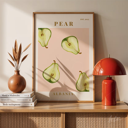 framed wall art featuring minimalist illustration of pears on pink background with gold text