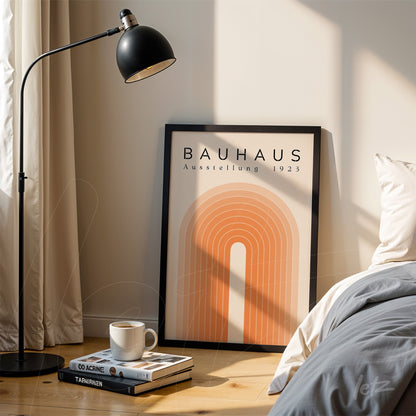 minimalist poster design featuring orange arch set next to black lamp on wooden floor