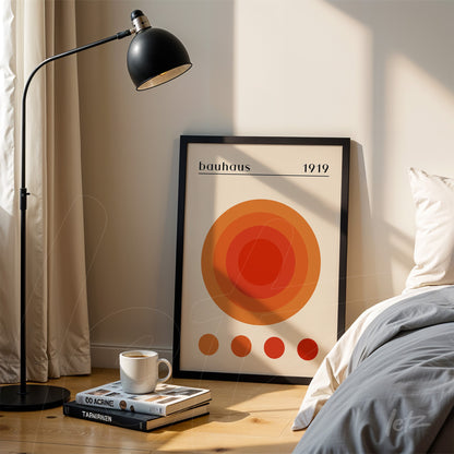 poster featuring geometric design of concentric circles in shades of orange and red, framed in black and placed on the floor next to a bed in a room lit by a floor lamp