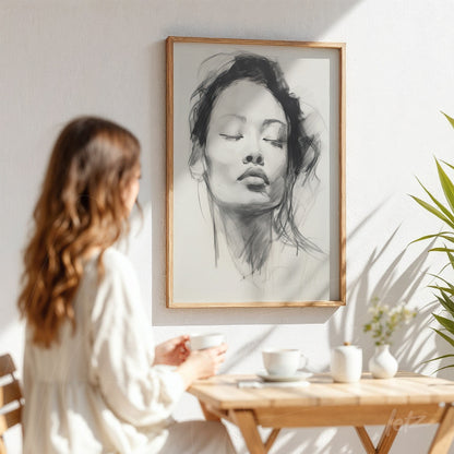 framed wall art featuring a minimalist portrait of a woman with light wooden frame