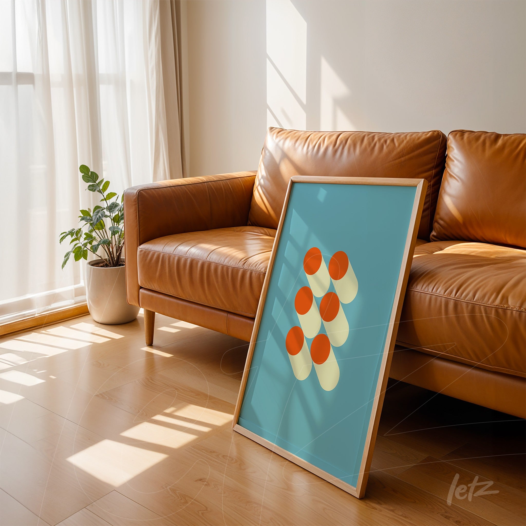minimalist artwork of six cylinders on a blue background leaning against a brown leather couch