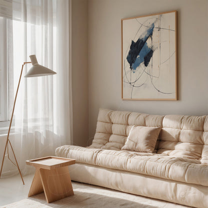 abstract wall art in shades of blue with light frame displayed above a beige sofa in a minimalist setting