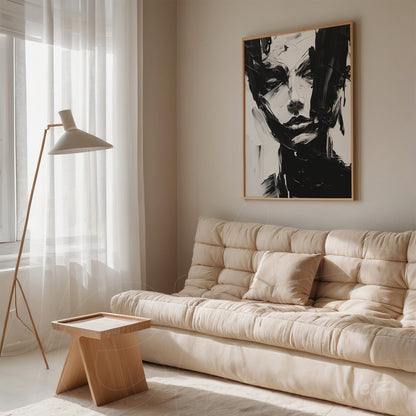 abstract black and white portrait in light frame displayed on neutral wall of living room with light sofa and wooden coffee table