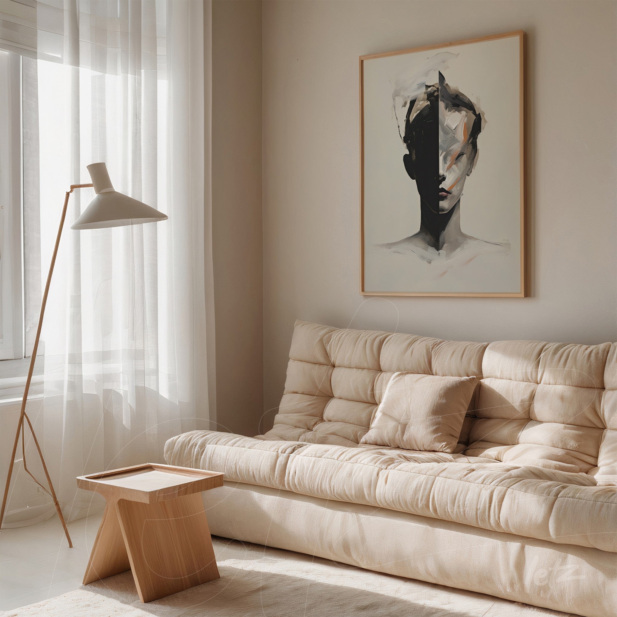 framed wall art featuring an abstract human figure in neutral tones displayed on a beige wall next to a light-colored sofa