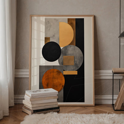 abstract wall art featuring geometric shapes in gold, black, gray, and orange tones with a light wood frame