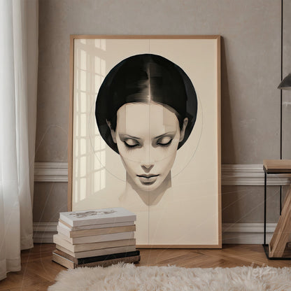 framed abstract portrait art of a woman with a neutral background