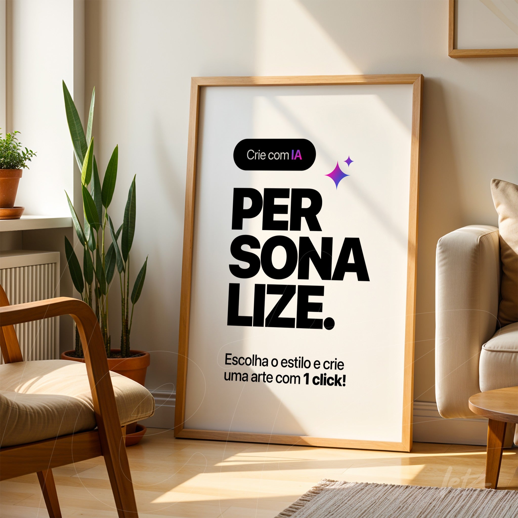 large framed wall art featuring the word personalize in bold letters placed in a cozy living room with a plant