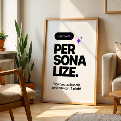 large framed wall art featuring the word personalize in bold letters placed in a cozy living room with a plant