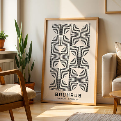 black and white geometric Bauhaus style poster print, propped in a well-lit room with a wooden frame
