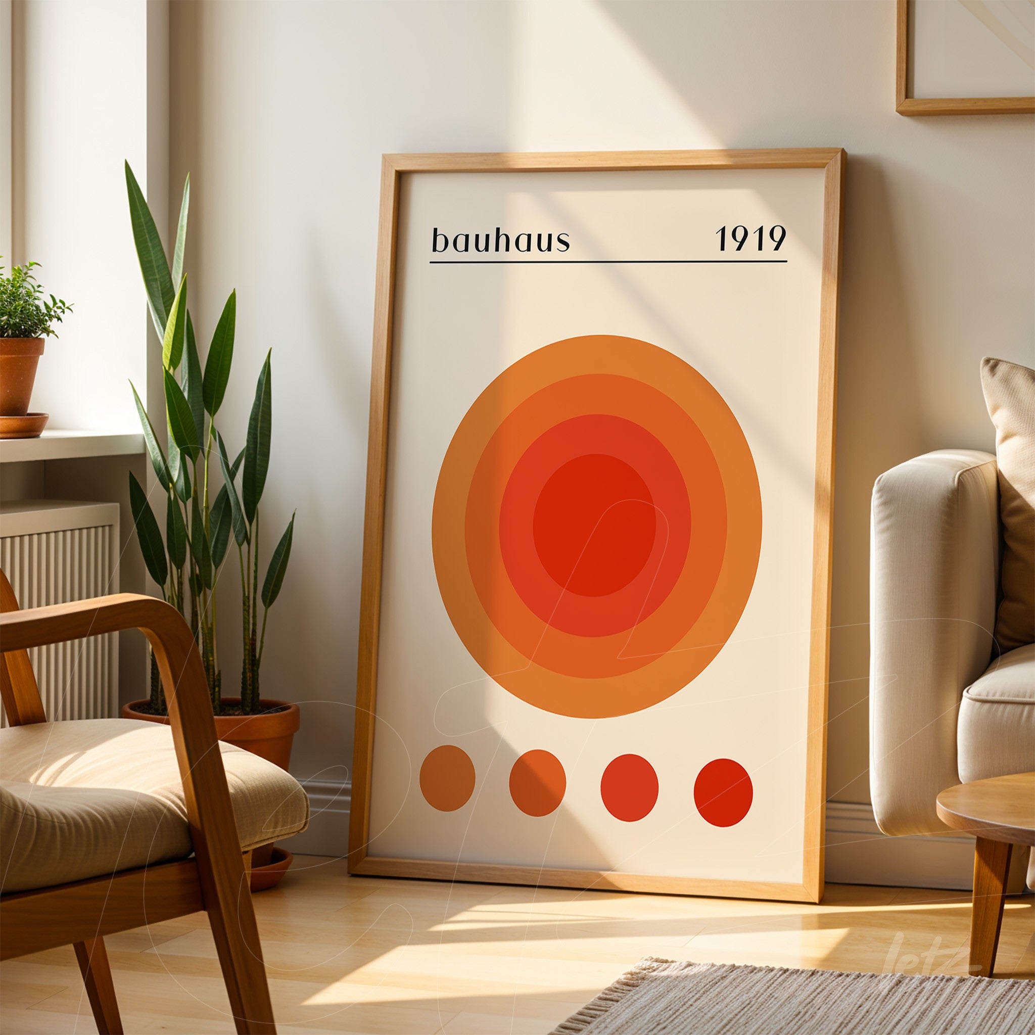 poster print featuring concentric circles in orange shades with a light wooden frame, displayed in a sunlit room