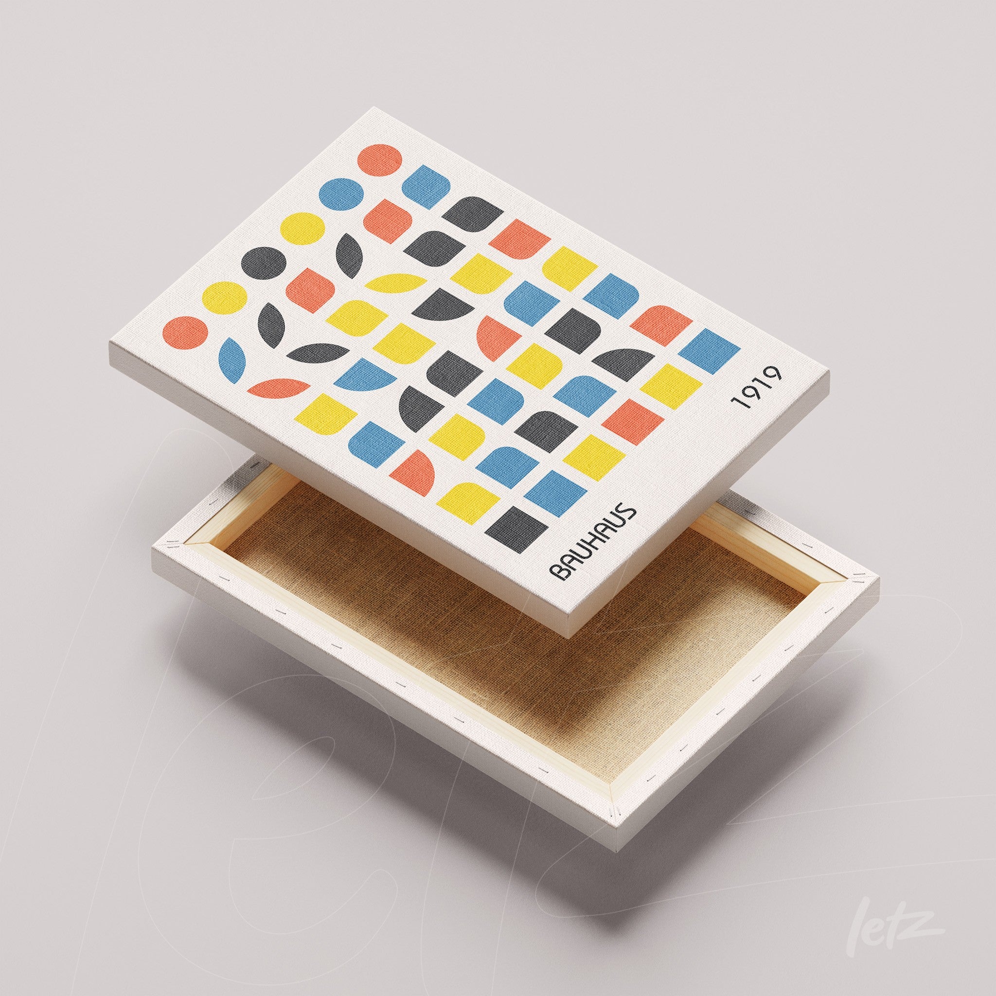canvas print featuring colorful geometric design inspired by Bauhaus style with abstract shapes on a light background