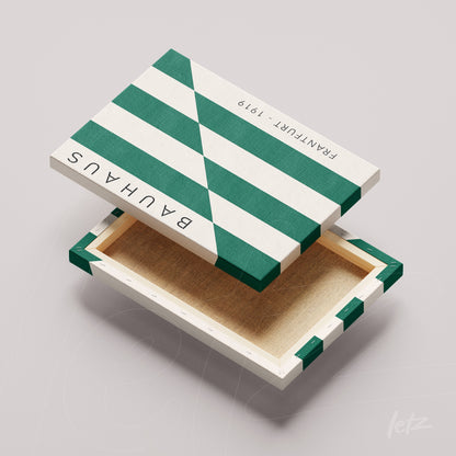 canvas art with green and white geometric design in 1919 Bauhaus style on gray background
