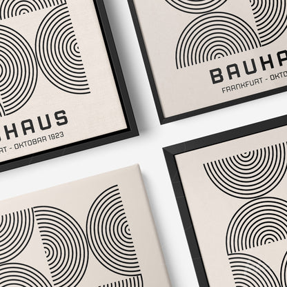 series of bauhaus framed art with abstract black circular patterns on beige background, black frame