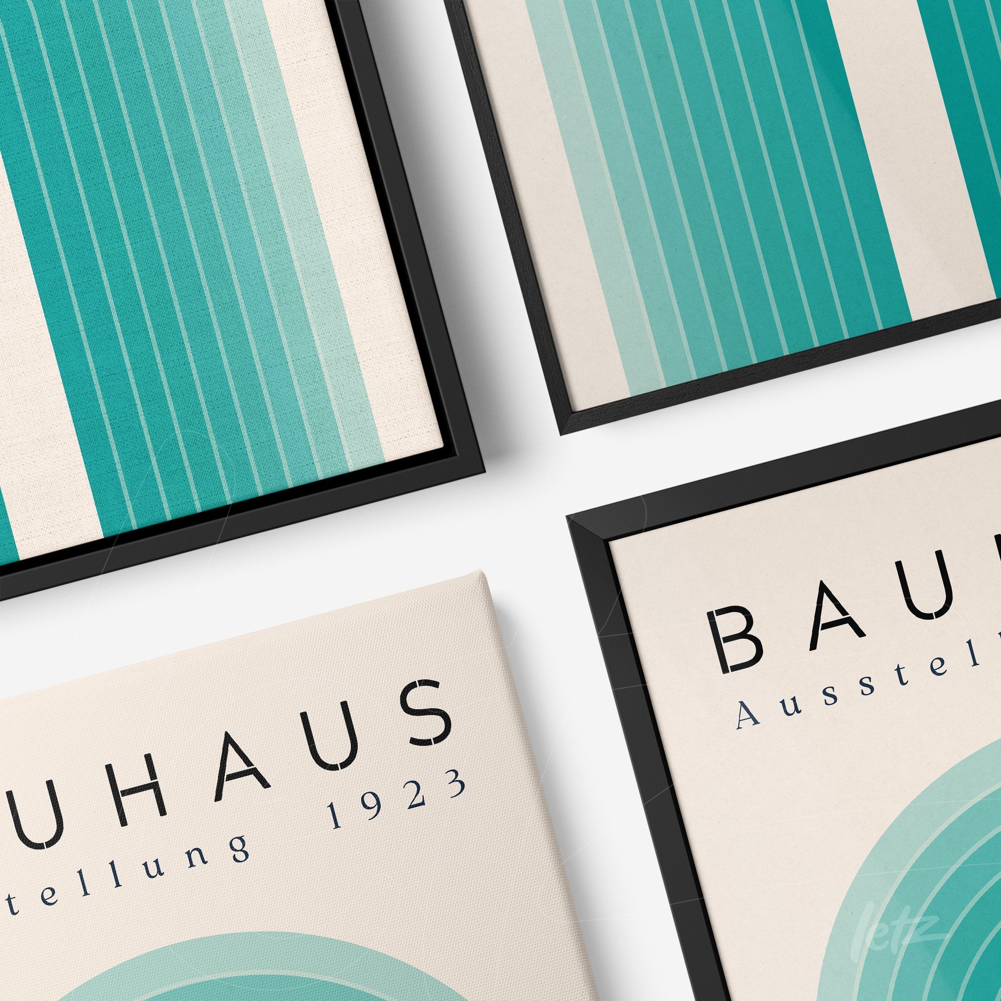 modern bauhaus style framed art with thin black frame, featuring geometric patterns in shades of blue and stylized text from a 1923 exhibition