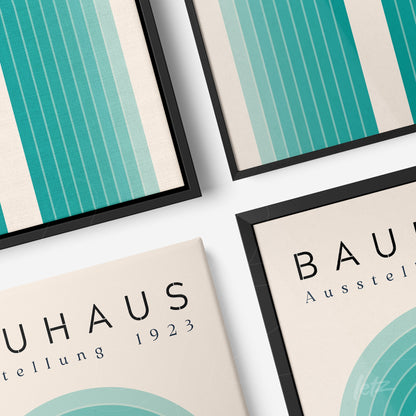 modern bauhaus style framed art with thin black frame, featuring geometric patterns in shades of blue and stylized text from a 1923 exhibition