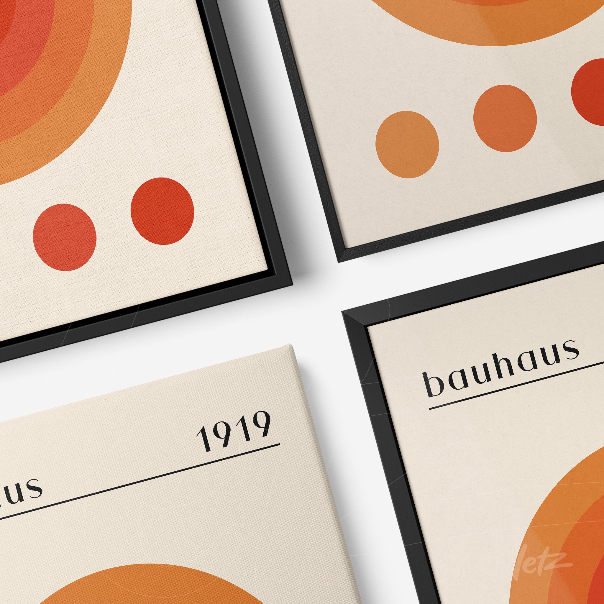 four minimalist bauhaus style prints featuring orange tone circles with thin black frames
