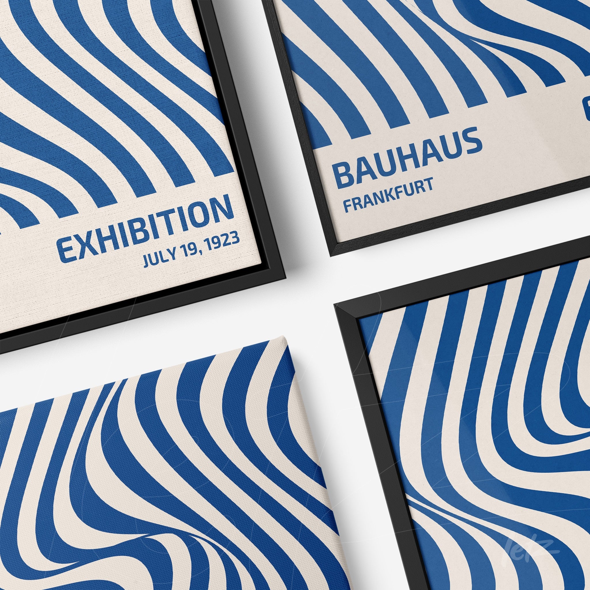 canvas print featuring geometric art in blue with text about Bauhaus exhibition in Frankfurt