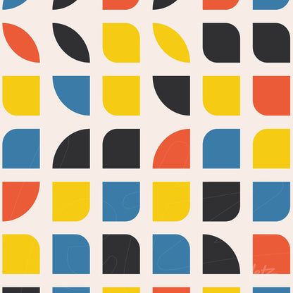 canvas print featuring colorful geometric pattern with semicircles, quarter circles, and rectangular blocks on a beige background