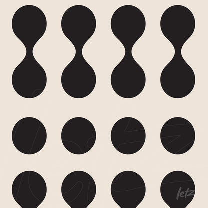 abstract art with repeating geometric patterns of circles and curved shapes in black on a beige background