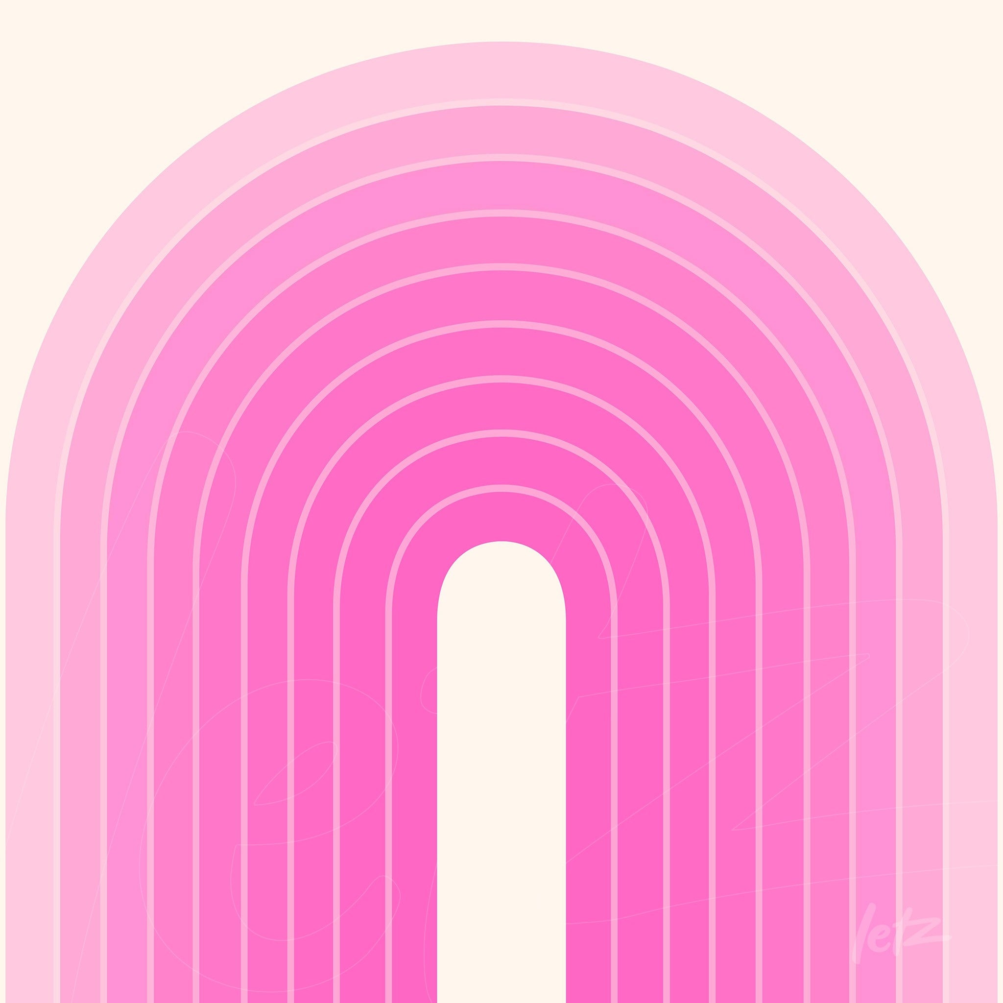 colorful abstract wall art with concentric arches in shades of pink on a light background