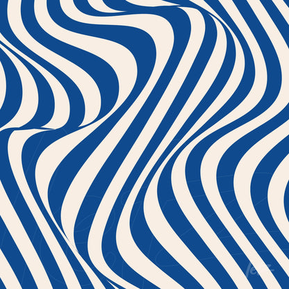 abstract artwork with wavy blue and white stripes in a continuous pattern