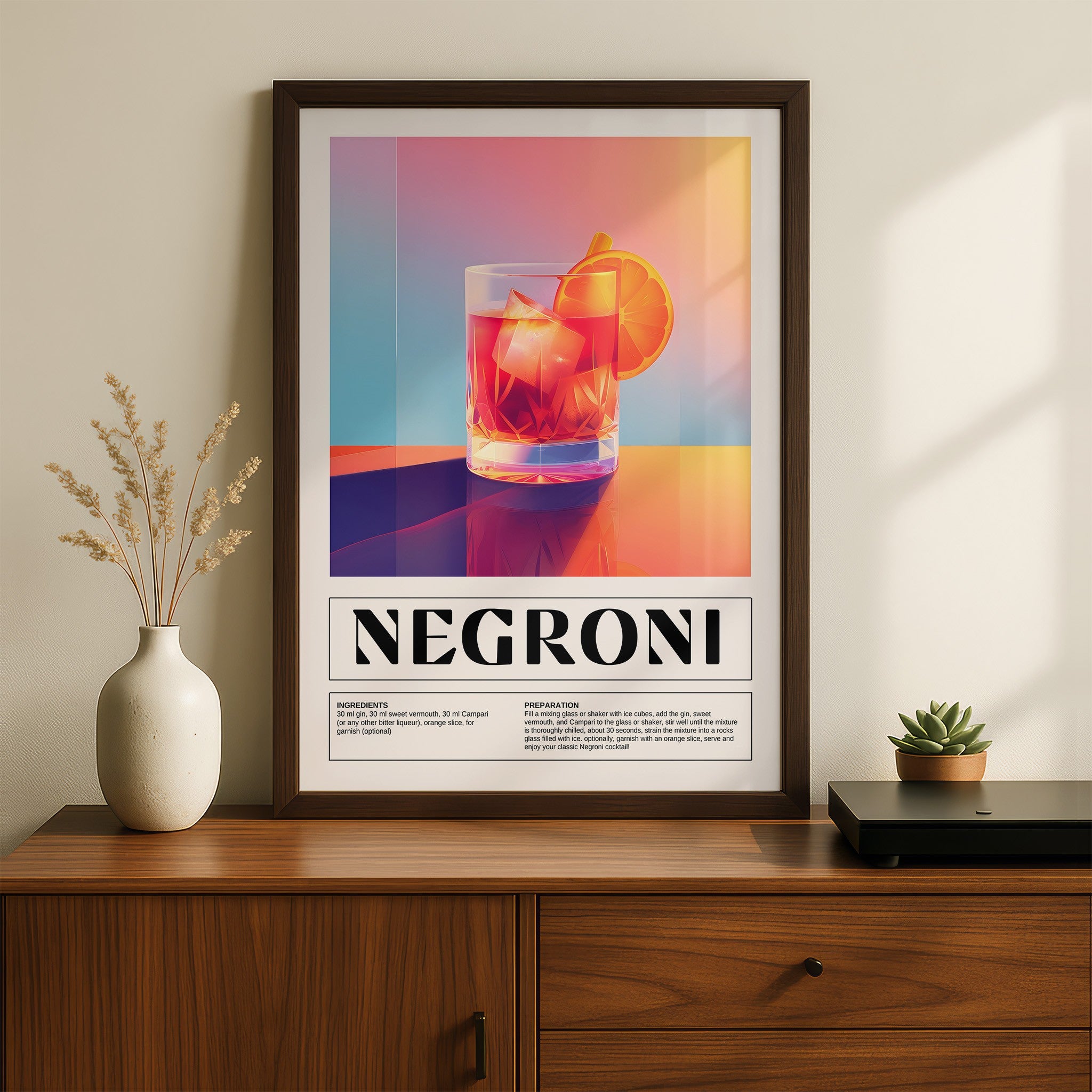framed wall art featuring vibrant illustration of negroni cocktail in glass with ice and orange slices displayed on wooden table