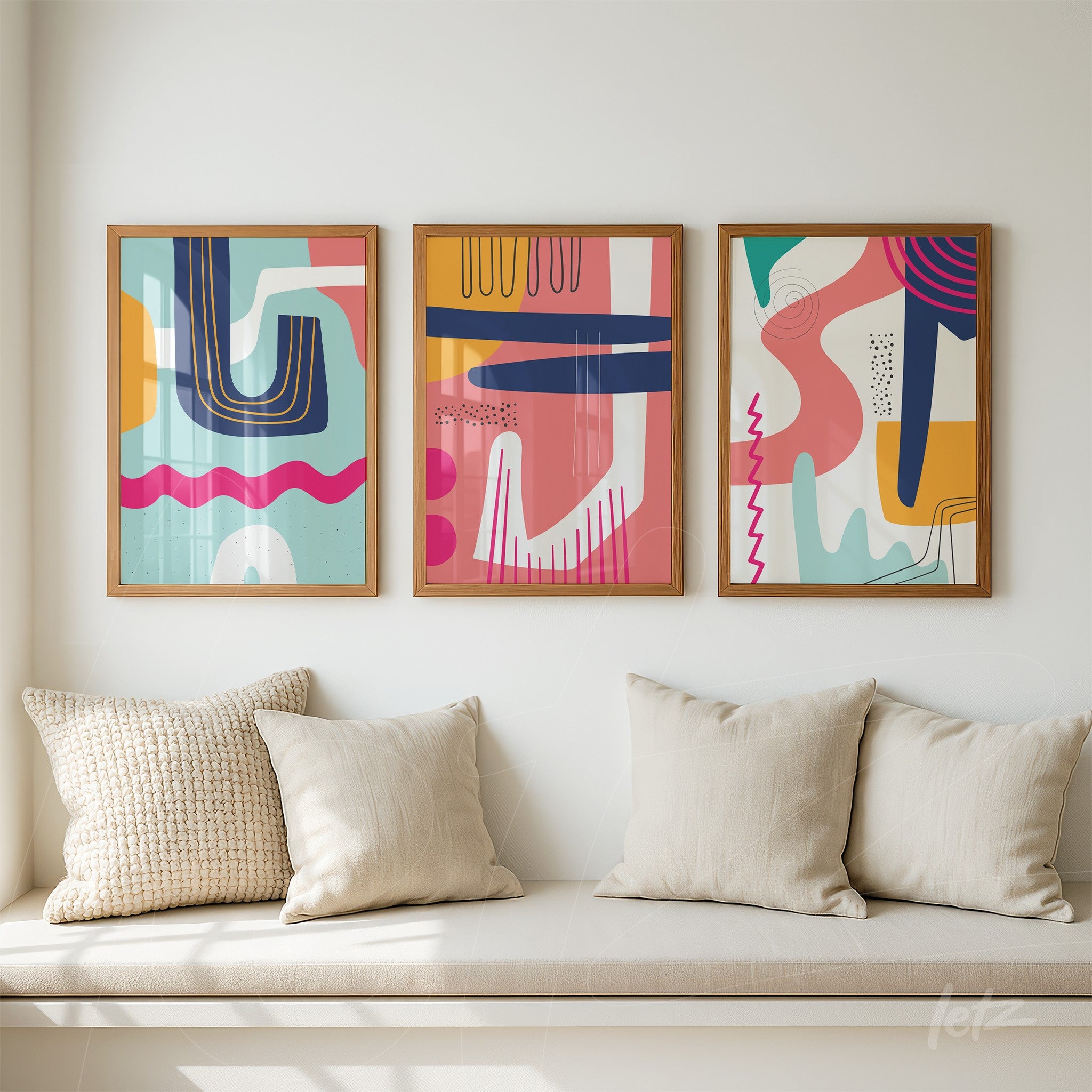 ```json
{
  "alt": "trio de quadros emoldurados com arte abstrata boho em cores modernas, exibidos sobre banco com almofadas brancas",
  "alt_en": "set of three framed artworks featuring modern boho abstract designs, displayed above a bench with white cushions"
}
```