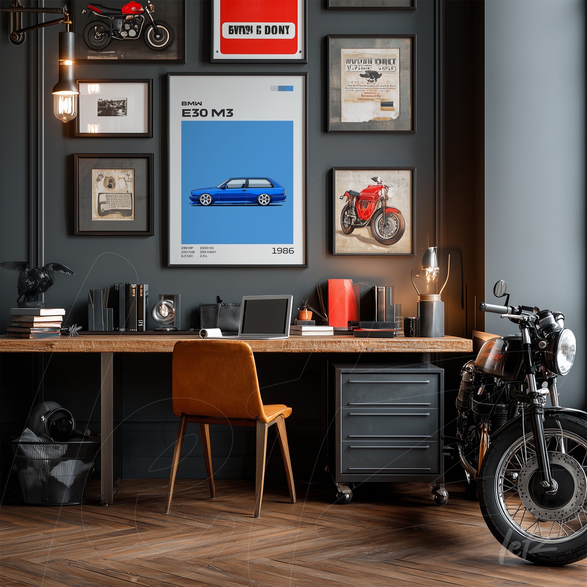 decorative wall art composition in an office setting featuring a blue BMW E30 M3 poster against a gray background