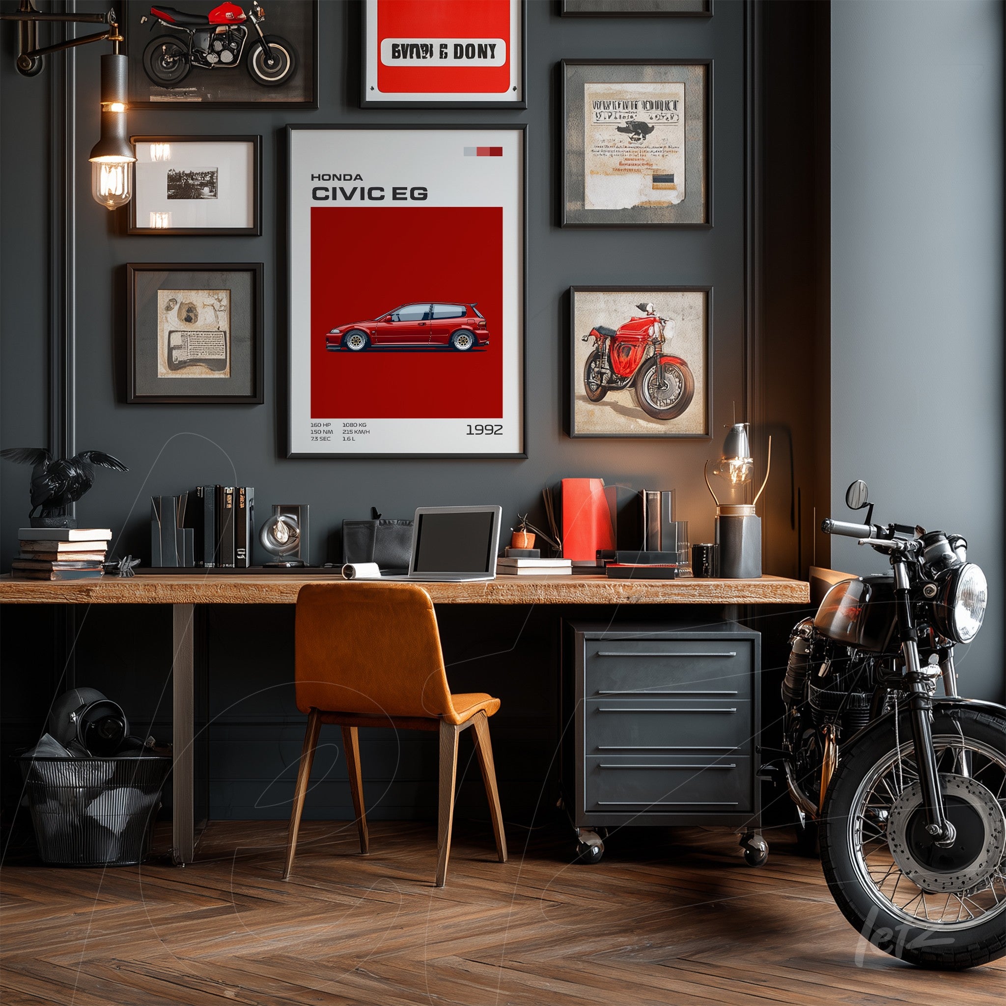 gallery wall featuring a honda civic eg artwork on gray backdrop, alongside a vintage motorcycle next to a wooden office desk