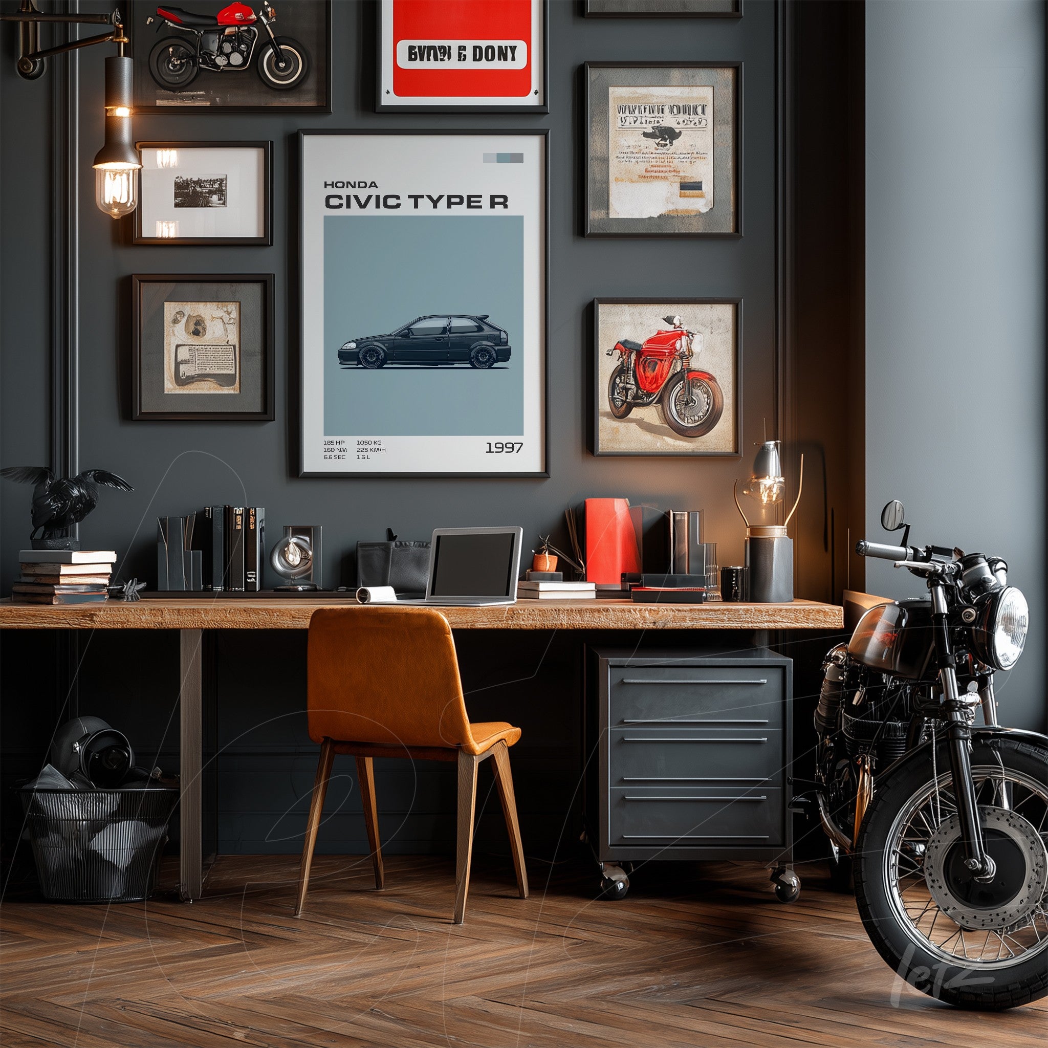 wall composition featuring a framed artwork of a 1997 Honda Civic Type R surrounded by vintage illustrations and motorcycle photos, with a wooden desk, an orange leather chair, and a classic motorcycle beside